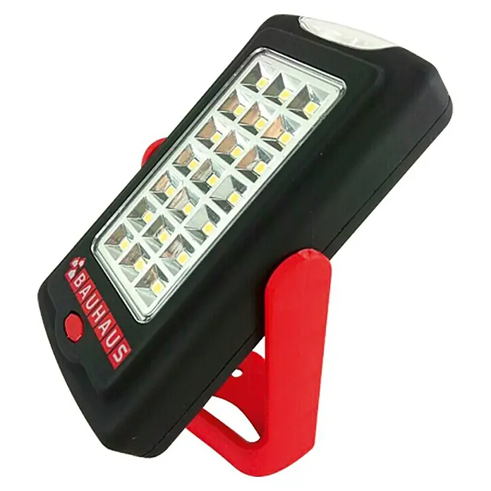BAUHAUS Luz LED 21+3 - 120 x 68 x 35 mm, 60 lm - La lámpara de trabajo LED de Bauhaus proporciona una iluminación brillante, ideal para talleres y obras de construcción. Con soporte rojo para uso flexible.