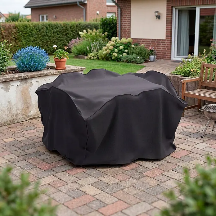 Sunfun Sitzgruppen-Schutzhülle S - L x B x H: 170 x 140 x 85 cm, Polyester, 160 g/m², Schwarz/Anthrazit - Dunkelgraue Schutzhülle für Gartenmöbel auf einer Terrasse.