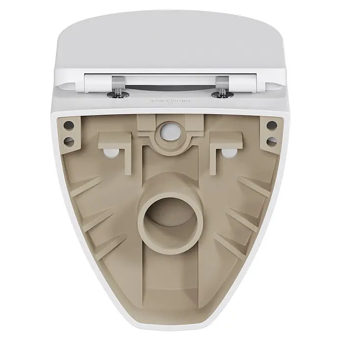 Villeroy & Boch Wand-WC-Set Targa Twist Flush - Spülrandlos, Ohne Spezialglasur, Spülform: Tief, WC Abgang: Waagerecht, Weiß - Unterseite einer weißen Toilette mit hochgeklapptem Sitz, zeigt beigefarbene Montage- und Ablaufkomponenten.
