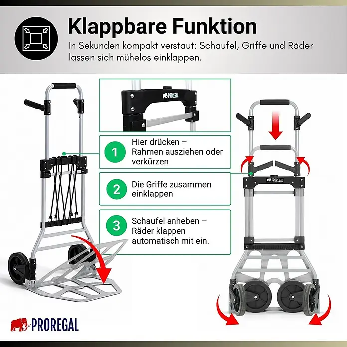 Proregal Sackkarre ELEPHANT 150 aus Aluminium mit klappbarer Schaufel & Vollgummibereifung - Aluminium, Traglast: 150 kg - Faltbarer Sackkarren aus Aluminium mit schwarzen Griffen und Rädern, zeigt die einfache Klappfunktion.