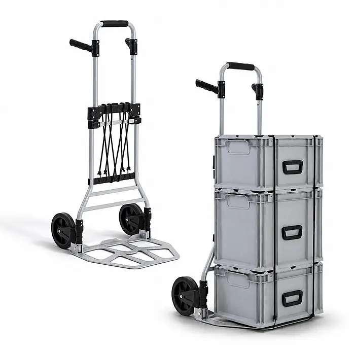 Proregal Sackkarre ELEPHANT 150 aus Aluminium mit klappbarer Schaufel & Vollgummibereifung - Aluminium, Traglast: 150 kg - Zwei silberne faltbare Sackkarren mit schwarzen Bauteilen; eine leer, eine mit drei grauen Kisten, gesichert mit Gummibändern.