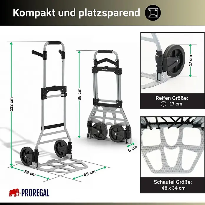 Proregal Sackkarre ELEPHANT 150 aus Aluminium mit klappbarer Schaufel & Vollgummibereifung - Aluminium, Traglast: 150 kg - Klappbarer, kompakter, grau-schwarzer Sackkarre mit Maßen für Nutzung und Lagerung.