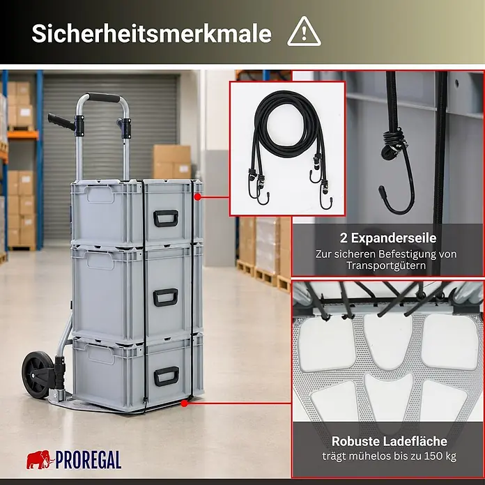 Proregal Sackkarre ELEPHANT 150 aus Aluminium mit klappbarer Schaufel & Vollgummibereifung - Aluminium, Traglast: 150 kg - Klappbarer Sackkarren mit drei grauen Lagerboxen, gesichert mit Spanngurten. Robuste Ladefläche für bis zu 150 kg.