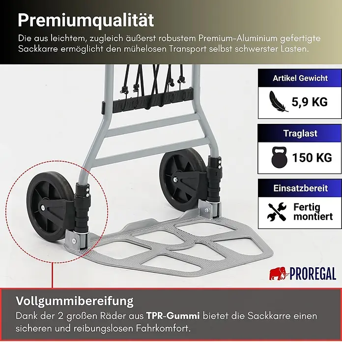 Proregal Sackkarre ELEPHANT 150 aus Aluminium mit klappbarer Schaufel & Vollgummibereifung - Aluminium, Traglast: 150 kg