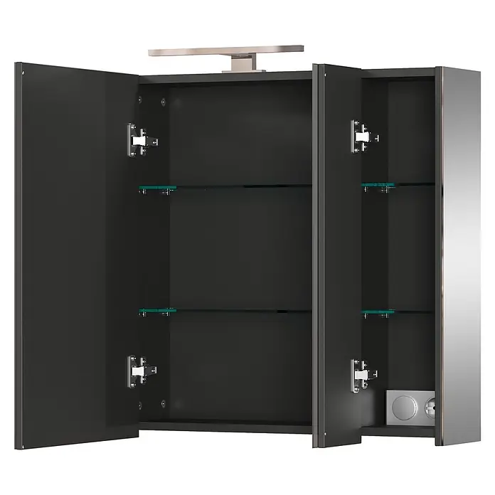 Germania Spiegelschrank - B x H: 80 x 71 cm, Graphit - Offener Anthrazit-Badezimmerschrank mit Glasböden, integrierter Beleuchtung und Steckdose innen.