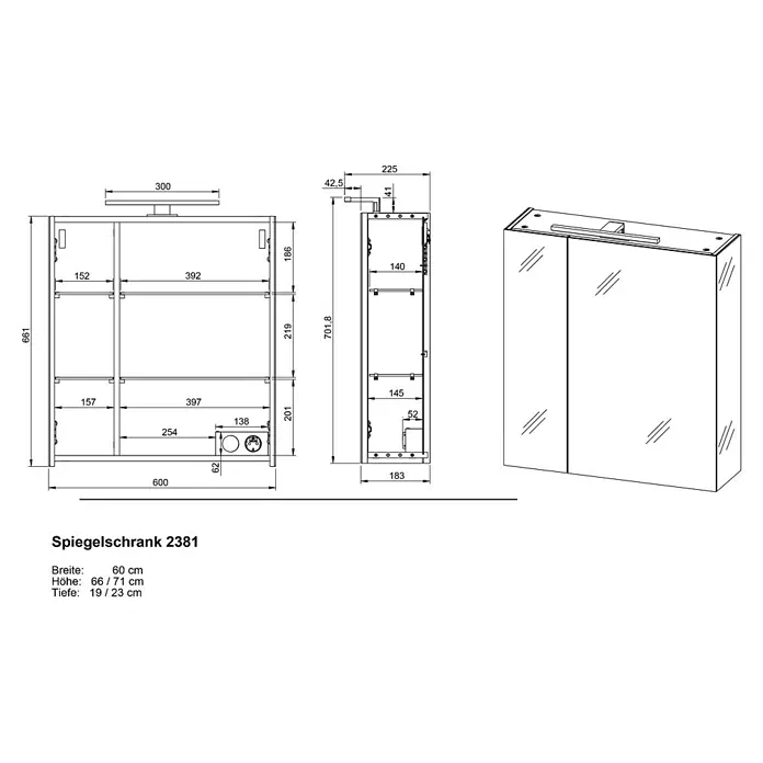 Germania Spiegelschrank - B x H: 60 x 71 cm, Graphit - Weißer Badezimmerspiegelschrank mit zwei Spiegeltüren, Innenablagen und integrierter Beleuchtung. Technische Zeichnung mit Maßen.