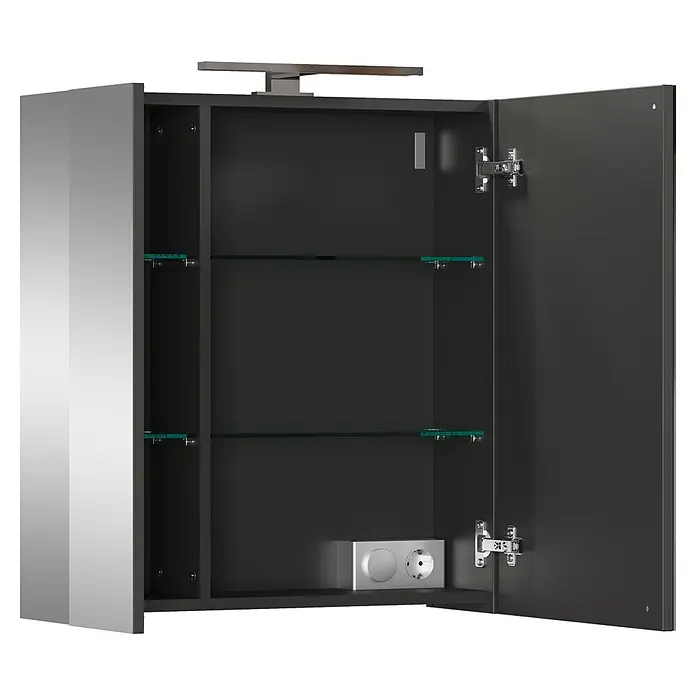Germania Spiegelschrank - B x H: 60 x 71 cm, Graphit - Offener dunkelgrauer Badspiegelschrank mit integrierter Beleuchtung, Spiegeltür, zwei Glasböden und einer internen Steckdose.