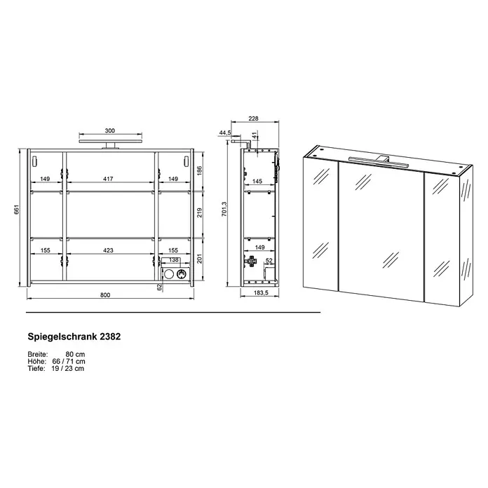 Germania Spiegelschrank - B x H: 80 x 71 cm, Graphit - Dreitüriger Spiegelschrank mit integrierter Beleuchtung und Innenfächern.