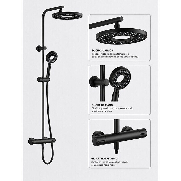 Rousseau Sistema de ducha Hoop (Con grifo termostático, Distancia entre orificios: 15 cm, Número de tipos de chorro: 1 ud., Negro) | BAUHAUS