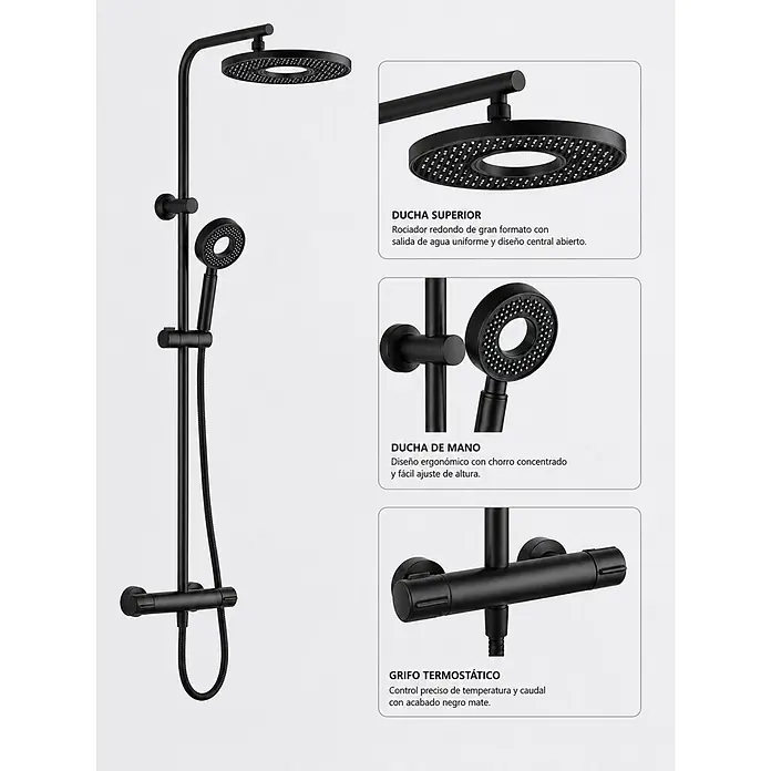 Rousseau Sistema de ducha Hoop - Con grifo termostático, Distancia entre orificios: 15 cm, Número de tipos de chorro: 1 ud., Negro - Sistema de ducha negro mate con rociador superior, ducha de mano y grifo termostático.