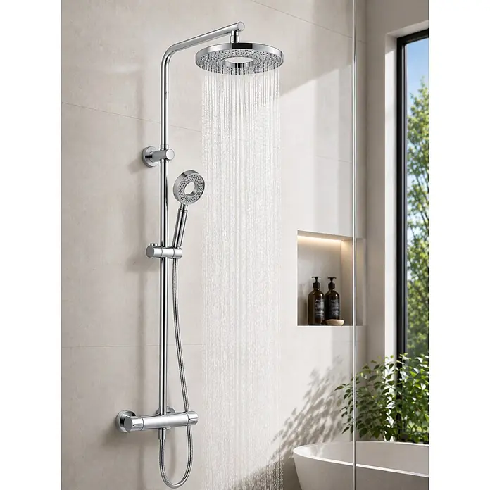 Rousseau Sistema de ducha Hoop - Con grifo termostático, Distancia entre orificios: 15 cm, Número de tipos de chorro: 1 ud., Cromo - Sistema de ducha cromado con rociador y ducha de mano, agua fluyendo, en un baño moderno.