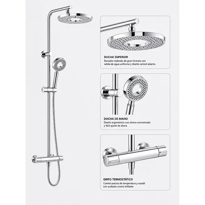 Rousseau Sistema de ducha Hoop - Con grifo termostático, Distancia entre orificios: 15 cm, Número de tipos de chorro: 1 ud., Cromo - Sistema de ducha cromado con rociador superior, ducha de mano y grifo termostático.