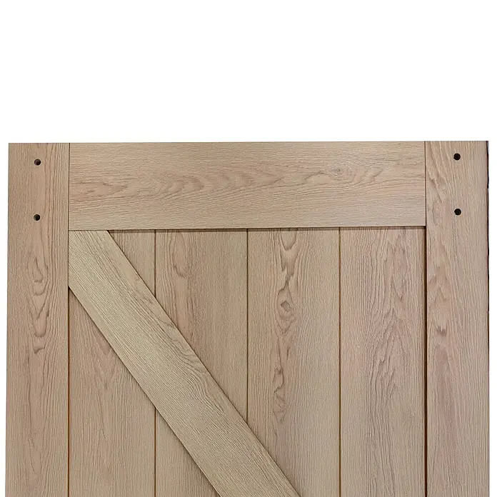 Inova Schiebetür-Komplettset Holzschiebetür Komplettset Eiche Doppelflügelig - 2.050 x 2.150 mm - Helles Eichenholz-Türpaneel mit Z-Streben-Design und sichtbaren Befestigungslöchern.