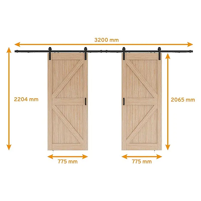 Inova Schiebetür-Komplettset Holzschiebetür Komplettset Eiche Doppelflügelig - 1.550 x 2.065 mm - Zwei helle Scheunentüren aus Holz mit schwarzer Schiebemechanik. Maße: Schiene 3200mm, Türen 775mm breit, Höhen 2204mm und 2065mm.