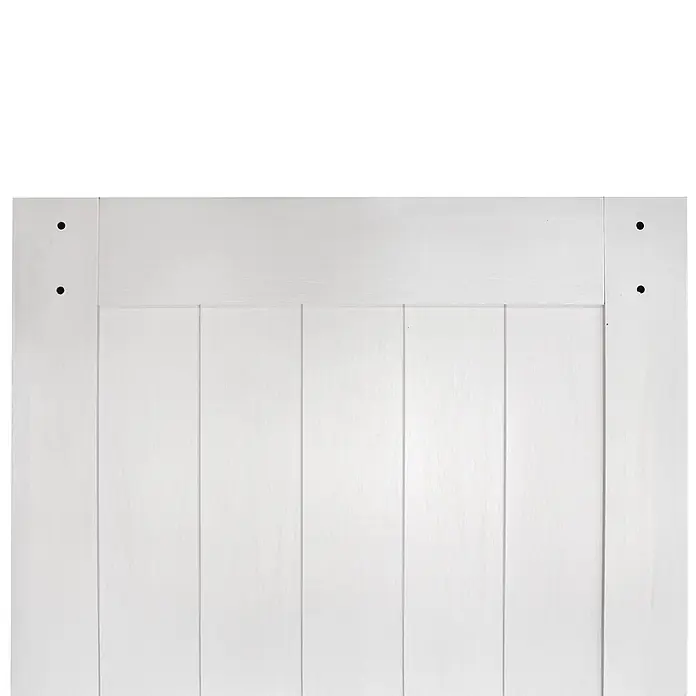 Inova Schiebetür-Komplettset Holzschiebetür Komplettset Weiß Doppelflügelig - 1.800 x 2.150 mm - Weißes Holz-Kopfteil mit vertikalen Lamellen und sichtbaren Schraubenlöchern.