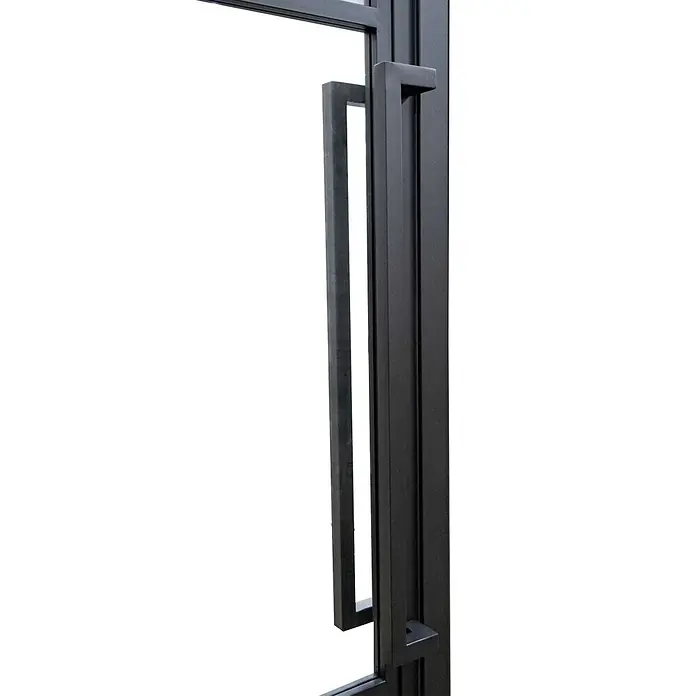 Inova Zimmertür Lofttür Komplettset Stahl DIN Rechts - 930 x 2.040 mm, DIN Anschlag: Rechts, Schwarz - Nahaufnahme eines schwarzen Metall-Türgriffs und Türrahmens.