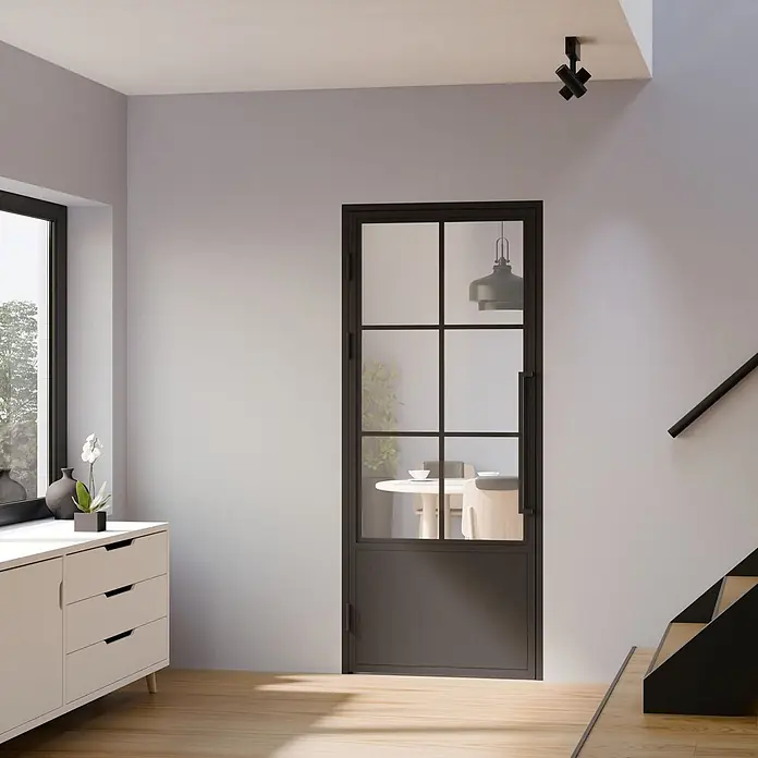 Inova Zimmertür Glasdrehtür ESG Glastür Komplettset 830 x2115 Klarglas Griffstange 6 - 830 x 2.115 mm, DIN Anschlag: Links, Schwarz - Schwarzmetallene Innentür mit Glaspaneelen.