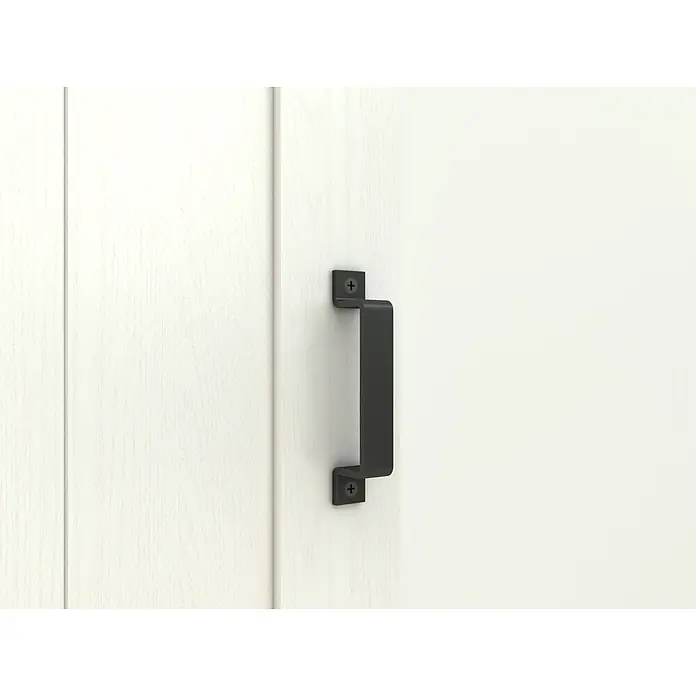 Inova Schiebetür-Komplettset Holzschiebetür Weiß 900 x 2150 Scheunentor mit Softclose Dekor - 900 x 2.150 mm - Matt schwarzer Zuggriff mit sichtbaren Schrauben an einer weißen Holztür.