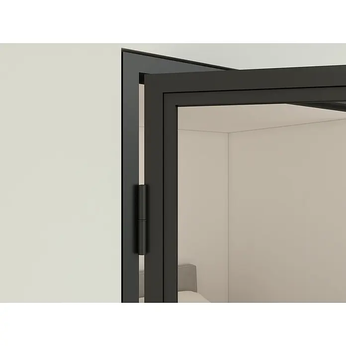 Inova Zimmertür Lofttür Komplettset Stahl DIN Rechts - 930 x 2.040 mm, DIN Anschlag: Rechts, Schwarz - Schwarzer, strukturierter Türrahmen und teilweise geöffnete Tür mit Scharnier, die einen Raum freigibt.