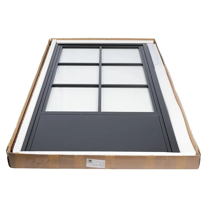 Inova Zimmertür Glasdrehtür ESG Glastür Komplettset 930 x 2040 Klarglas Griffstange - 930 x 2.040 mm, DIN Anschlag: Links, Schwarz - Schwarze Tür aus Metall und Glas mit sechs Scheiben, verpackt in einem Karton mit weißem Schaumstoffschutz.