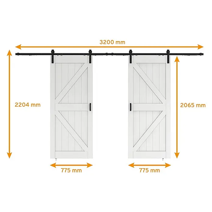 Inova Schiebetür-Komplettset Holzschiebetür Komplettset Weiß Doppelflügelig - 1.550 x 2.065 mm - Zwei weiße Schiebetüren im Bauernhausstil mit schwarzer Beschlag, Maße dargestellt.