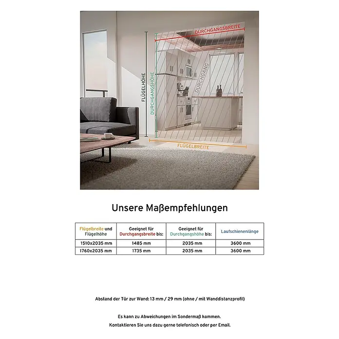 Inova Schiebetür-Komplettset Holzschiebetür Komplettset Weiß Doppelflügelig -  - Transparente Glasschiebetür mit Maßangaben, die ein Wohnzimmer von einer Küche trennt.