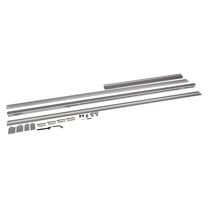 Inova Schiebetür-Komplettset Glas Blockstreifen mit Quadratgriff - 880 x 2.035 mm - Silberfarbenes Schiebetürbeschlag-Set mit mehreren Schienen, Rollen, Stoppern und Montagewerkzeugen.