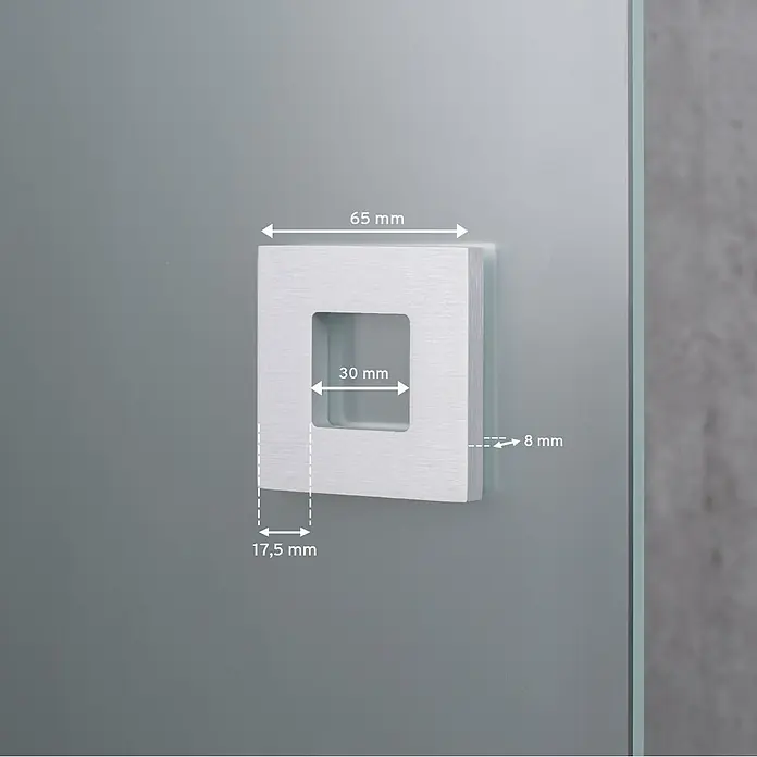 Inova Schiebetür-Komplettset Glas Blockstreifen mit Quadratgriff - 880 x 2.035 mm - Quadratischer, gebürsteter Metall-Muschelgriff für Glas, 65x65x8mm mit 30mm Ausschnitt.