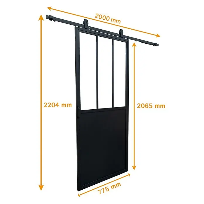Inova Schiebetür-Komplettset Stahl Klarglas inkl. Softclose - 77,5 x 206,5 cm - Schwarze Schiebetür aus Metall mit Glasfeldern und Vollplatte unten, an einer oberen Laufschiene.