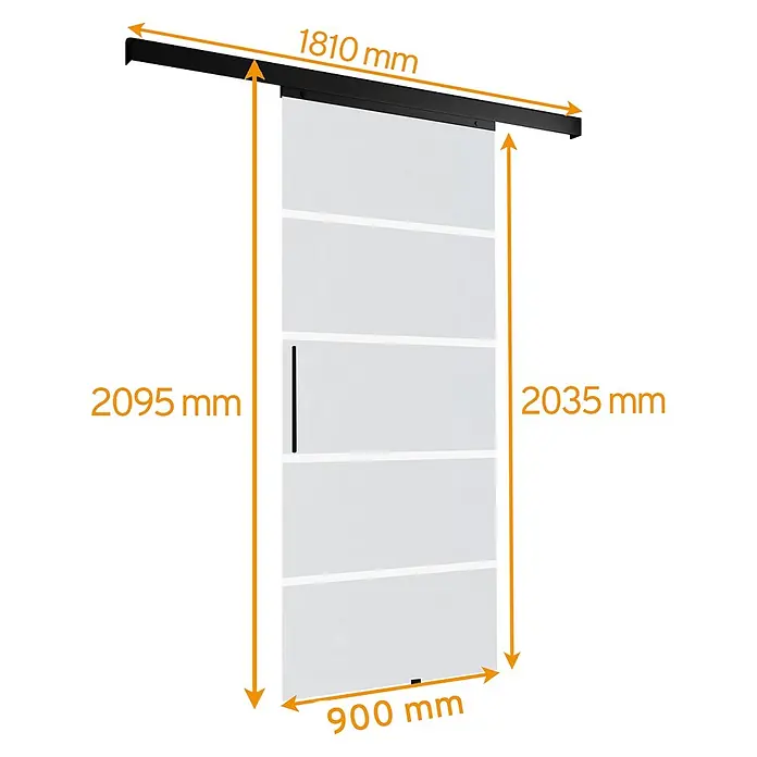 Inova Schiebetür-Komplettset Glas Blockstreifen mit Stabgriff in schwarz + Softclose - 900 x 2.035 mm - Schiebetürsystem mit schwarzer Laufschiene, heller Türplatte mit Griff & Sektionen, Maße dargestellt.