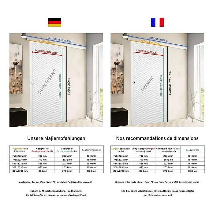 Inova Schiebetür-Komplettset Holz Weiß mit Griffmuschel - 775 x 2.035 mm - Anleitung für Schiebetürmaße mit Diagrammen und Tabellen. Zeigt Tür-, Durchgangs- und Schienenmaße mit Empfehlungen.
