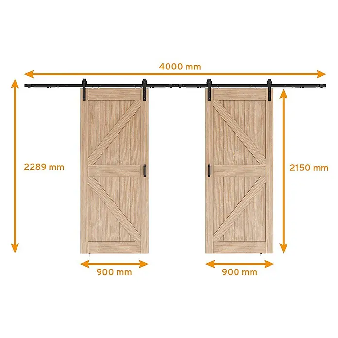 Inova Schiebetür-Komplettset Holzschiebetür Komplettset Eiche Doppelflügelig -  - Zwei helle Holz-Schiebetüren mit schwarzer Hardware. Maße: 4000mm Schiene, 900mm Türbreite, 2289mm/2150mm Türhöhe.