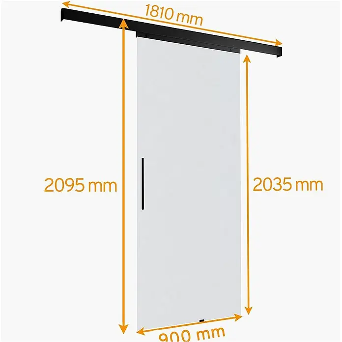 Inova Schiebetür-Komplettset Glas vollsatiniert mit Stabgriff in schwarz - 900 x 2.035 mm - Weiße Schiebetür mit schwarzem Griff und Laufschiene, Maße angezeigt.