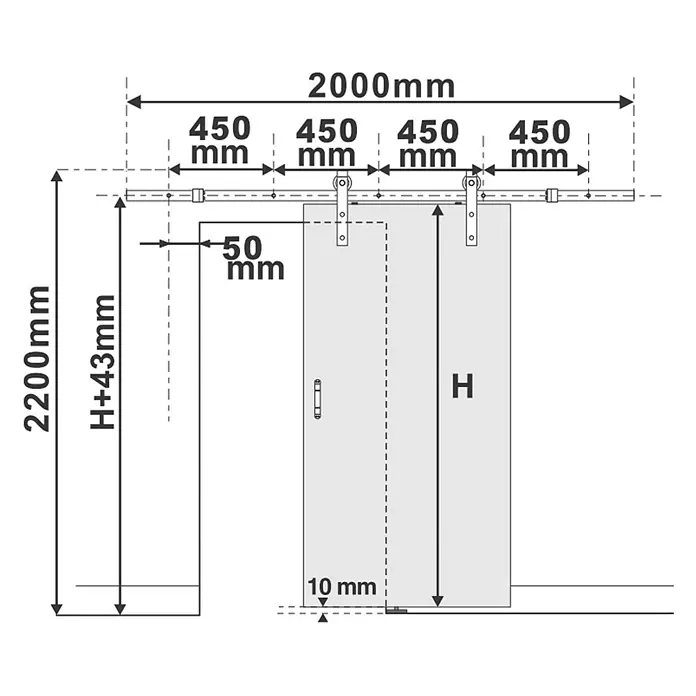 Inova Schiebetür-Komplettset Holz Weiß mit Beschlag und Bügelgriff in schwarz -  - Technisches Diagramm eines Schiebetürsystems mit Maßen für Schiene, Türflügelhöhe (H) und Abstände.