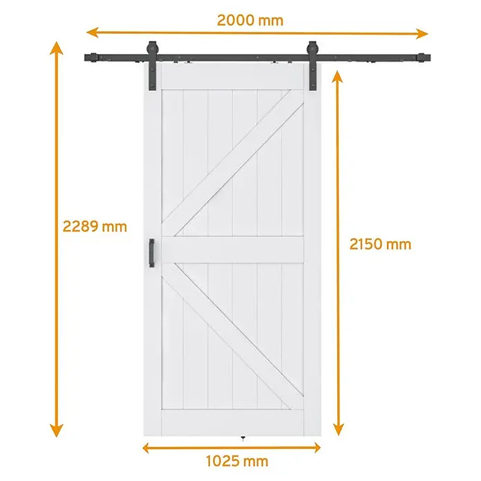 Inova Schiebetür-Komplettset Holzschiebetür Weiß 1025 x 2150 Scheunentor mit Softclose - 1.025 x 2.150 mm - Weiße Scheunentür mit schwarzem Schiebebeschlag und Maßen: Tür 1025x2150 mm, Schiene 2000 mm, Gesamthöhe 2289 mm.