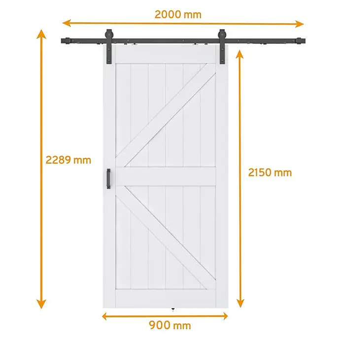 Inova Schiebetür-Komplettset Holzschiebetür Weiß 900 x 2150 Scheunentor mit Softclose - 900 x 2.150 mm - Weiße Scheunentür mit schwarzem Schiebesystem und Griff.