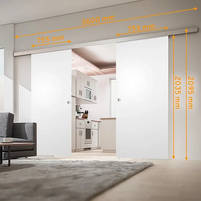Inova Schiebetür-Komplettset Holzschiebetür Komplettset Weiß Doppelflügelig -  - Weiße Doppelschiebetüren mit Laufschiene, als Raumteiler zwischen Wohnzimmer und Küche, mit sichtbaren Maßen.