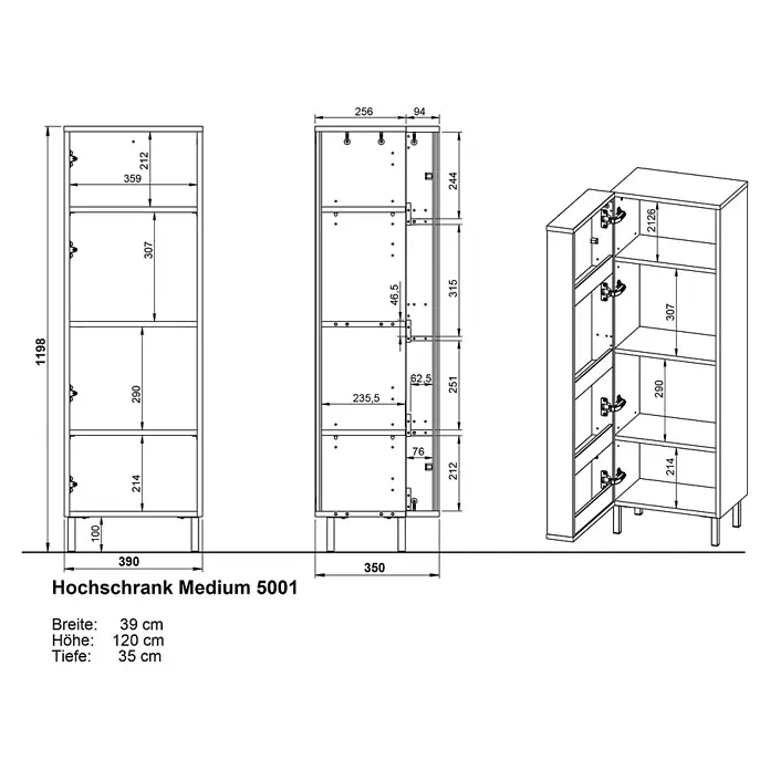 Germania Midischrank GW-TOPEKA - B x T x H: 39 x 35 x 120 cm, Weiß/Navarra-Eiche-Nb. - Technische Zeichnung eines Hochschranks, 39x120x35 cm, mit Vorder-, Seiten- und isometrischen Ansichten und Regalböden.