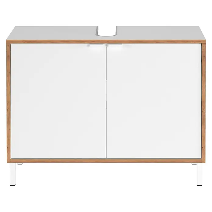 Germania Waschtischunterschrank GW-TOPEKA - B x T x H: 80 x 34 x 60 cm, Weiß/Navarra-Eiche-Nb. - Weißer Waschtischunterschrank mit hellem Holzrahmen, U-Ausschnitt oben und Metallfüßen.
