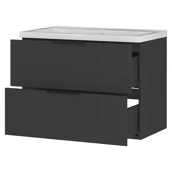 Germania Crandon Waschtisch mit Unterschrank - Höhe: 65 cm, Graphit - Dunkelgrauer Badezimmerschrank mit weißem Waschbecken und zwei teilweise geöffneten Schubladen mit schwarzen Griffen.