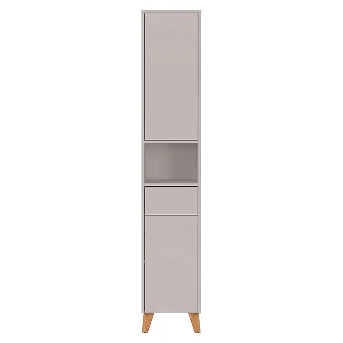 Germania Hochschrank Arnea - B x T x H: 33 x 34 x 181 cm, Kaschmir - Hellgrauer Schrank mit Holzfüßen, einer Tür, einem offenen Fach und zwei Schubladen.