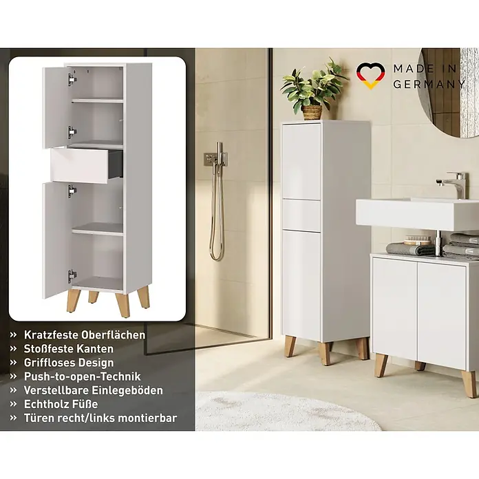Germania Hochschrank Arnea - B x T x H: 33 x 34 x 123 cm, Kaschmir - Weißer hoher Badezimmerschrank mit Holzfüßen, Push-to-open-Türen, verstellbaren Einlegeböden und einer Schublade. Türen rechts/links montierbar.