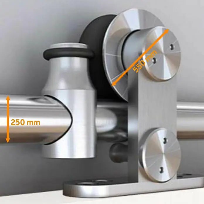 Inova Schiebetür-Komplettset Holz Weiß mit Beschlag und Stangengriff in Edelstahloptik - 900 x 2.065 mm - Gebürstete Edelstahl-Schiebetürbeschläge: Schiene, Halterung, Stopper und große Rolle. Maße 250mm und 550mm.