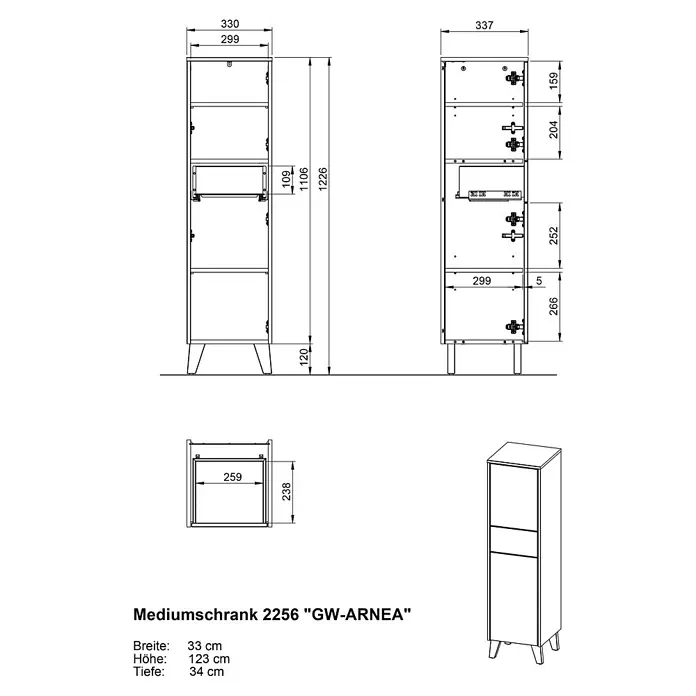 Germania Hochschrank Arnea - B x T x H: 33 x 34 x 123 cm, Kaschmir - Technische Zeichnungen und eine Perspektivansicht eines hohen, schlanken Schranks mit zwei Türen und einer Schublade, Maße 33x123x34 cm.
