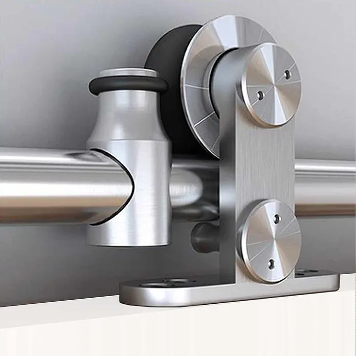 Inova Schiebetür-Komplettset Holz Weiß mit Beschlag und Stangengriff in Edelstahloptik - 900 x 2.065 mm - Gebürsteter Metallbeschlag für Schiebetüren mit Schiene, Rolle und Anschlag. Silberfarben mit schwarzen Gummielementen.