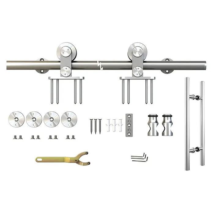 Inova Schiebetür-Komplettset Holz Weiß mit Beschlag und Stangengriff in Edelstahloptik - 900 x 2.065 mm - Set aus gebürstetem Edelstahl-Schiebetürbeschlag mit Rollen, Schiene, Griff und Montagezubehör für ein Schiebetürsystem.