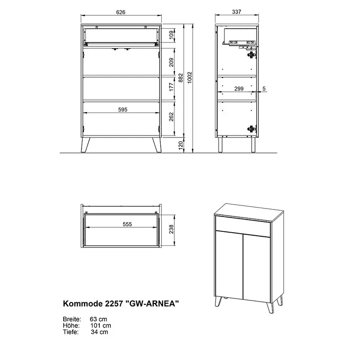 Germania Hochschrank Arnea - B x T x H: 63 x 34 x 101 cm, Kaschmir - Technisches Datenblatt einer Kommode mit einer Schublade oben und zwei Türen unten auf Beinen. Maße: 63x101x34 cm.