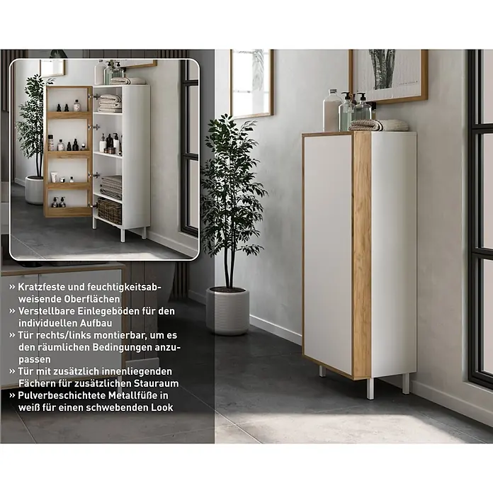 Germania Midischrank GW-TOPEKA - B x T x H: 39 x 35 x 120 cm, Weiß/Navarra-Eiche-Nb. - Hoher weißer und holzfarbener Badschrank mit wendbarer Tür und Innenfächern. Weiße Füße verleihen einen schwebenden Look.
