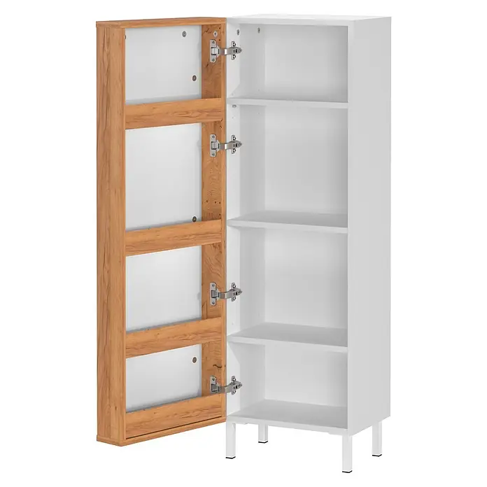 Germania Midischrank GW-TOPEKA - B x T x H: 39 x 35 x 120 cm, Weiß/Navarra-Eiche-Nb. - Weißer Schrank mit geöffneter Tür, die drei Regale zeigt, innen mit hellen Holzdetails und silbernen Scharnieren, stehend auf kurzen weißen Füßen.