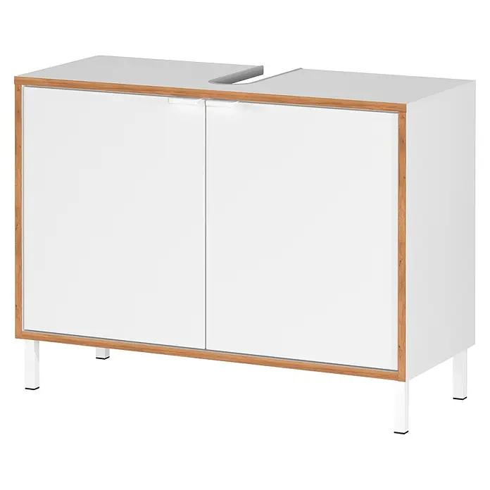 Germania Waschtischunterschrank GW-TOPEKA - B x T x H: 80 x 34 x 60 cm, Weiß/Navarra-Eiche-Nb. - Weißer Badunterschrank mit zwei Türen, Holzrahmen und weißen Beinen, oben ausgeschnitten für ein Waschbecken.